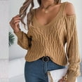thumbnail image 6 of UTSJKR Women's Trendy Cold Shoulder Sweaters Deals 2024 Fashion Clothing Solid V Neck Pullover Tops Cable Knit Loose Oversized Jumper Long Lantern Sleeve Sleeve Fall Sweaters Khaki M, 6 of 8