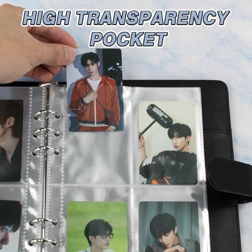 A5 Kpop Photocard Binder, 6 Ring Binder Album with 200 Card Slots, PU Leather Binder Cover with Magnetic Buckle Closure for Organizing Trading Cards (Black)