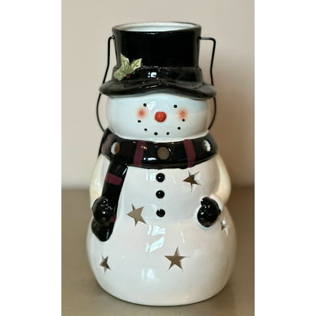 Snowman Candle Lantern with Handle, 9.75" Tall Holiday Candleholder – Ceramic-Look Poly Construction for Indoor or Covered Outdoor Christmas Display – Fits LED, Votive, Wax, or Tealight Candles