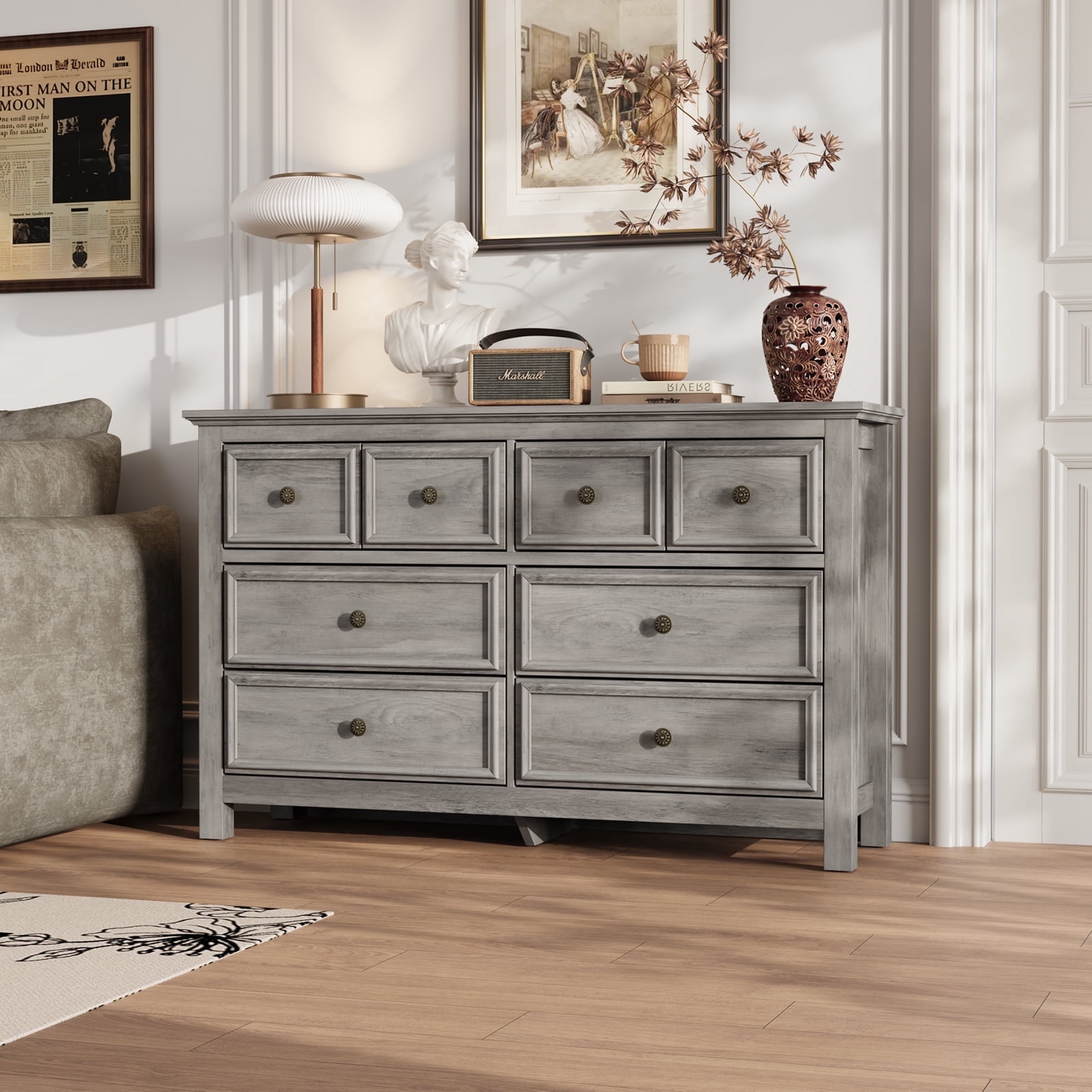 Holliwill Farmhouse Bedroom 2 Pieces Set, Wide 8 Drawer Dresser and 2 Drawer Nightstand with LED Lights & Charging Station, Chest of Drawers for Bedroom, Grey