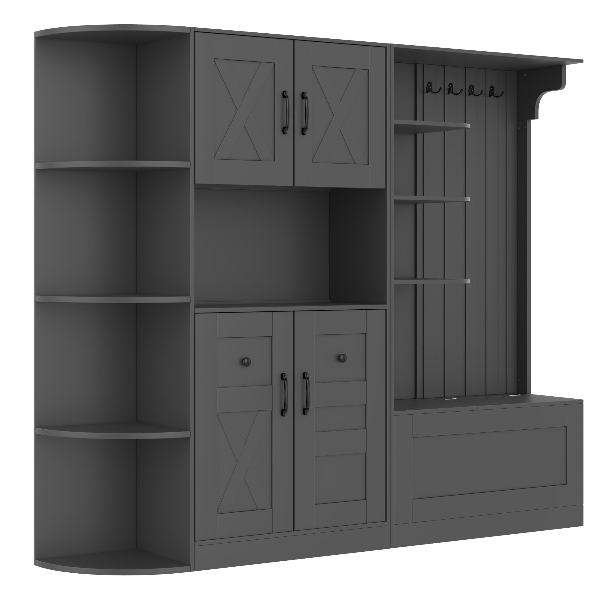 T-Foyer Farmhouse Black Detachable Hall Tree with 4 Hooks & Bench, Wooden Rustic Entryway Organizer with Open Storage & 2 Cabinets