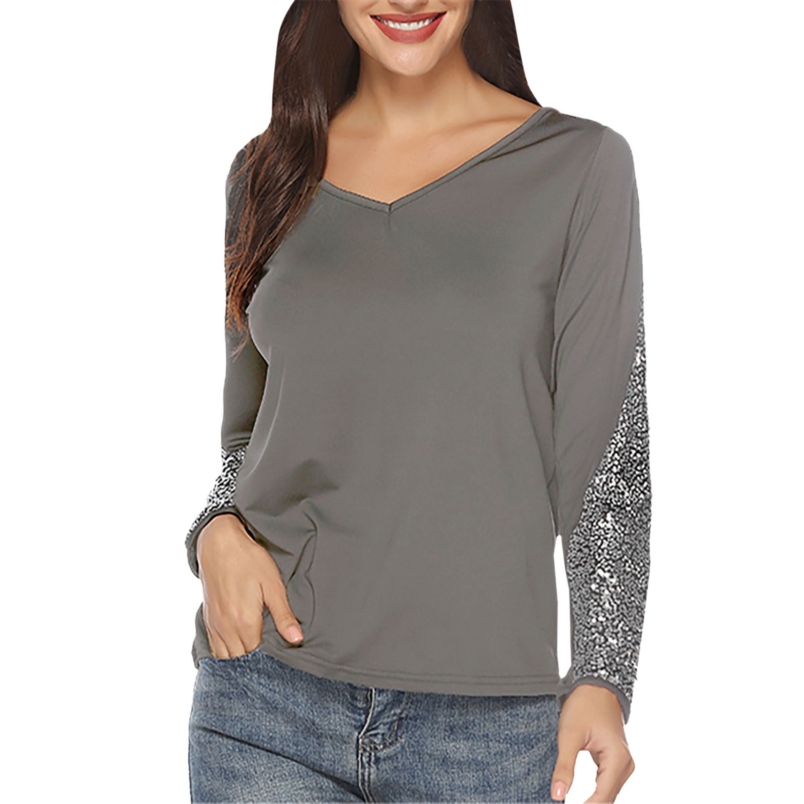 Patlollav Womens Long Sleeve Sexy Sequin Collar Solid Blouse Tops Shirt -  Walmart.com