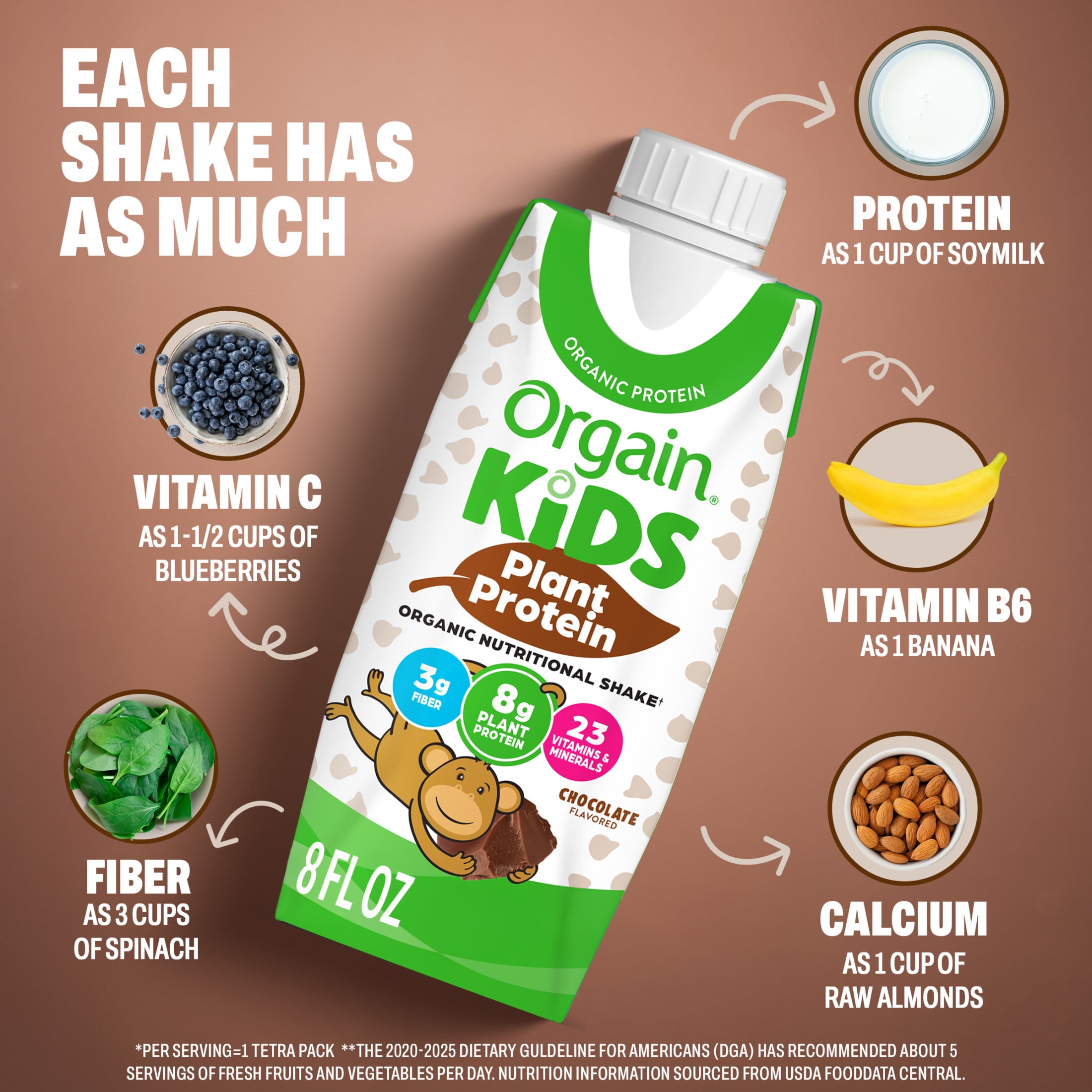 (4 pack) Orgain Organic Kids Nutritional Vegan Protein Shakes, Chocolate, 8 Fl Oz, Pack of 4