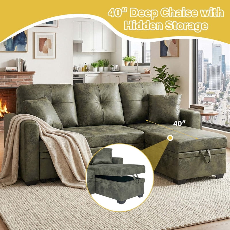 Sleeper Sofa Sectional with Pull-Out Bed – Reversible Chaise + Hidden Storage, Breathable Fabric, L-Shaped Couch for Small Spaces, Convertible Sofa Bed for Living Room