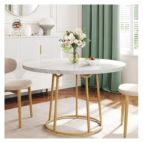 Round Dining Table, 47.24 Inch Kitchen Table for 4-6 People, Wooden Faux Marble Dinner Room Table with Base, Circle Modern Small Table for Home Dining Room Kitchen Restaurant (White)