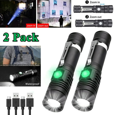 Ryhampaper 2PCS Super Bright LED Tactical Flashlight Zoomable Waterproof Pocketsize Rechargeable Work Light