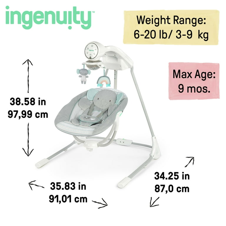 Ingenuity InLighten Motorized Vibrating Baby Swing, Swivel Infant Seat,  Gray 
