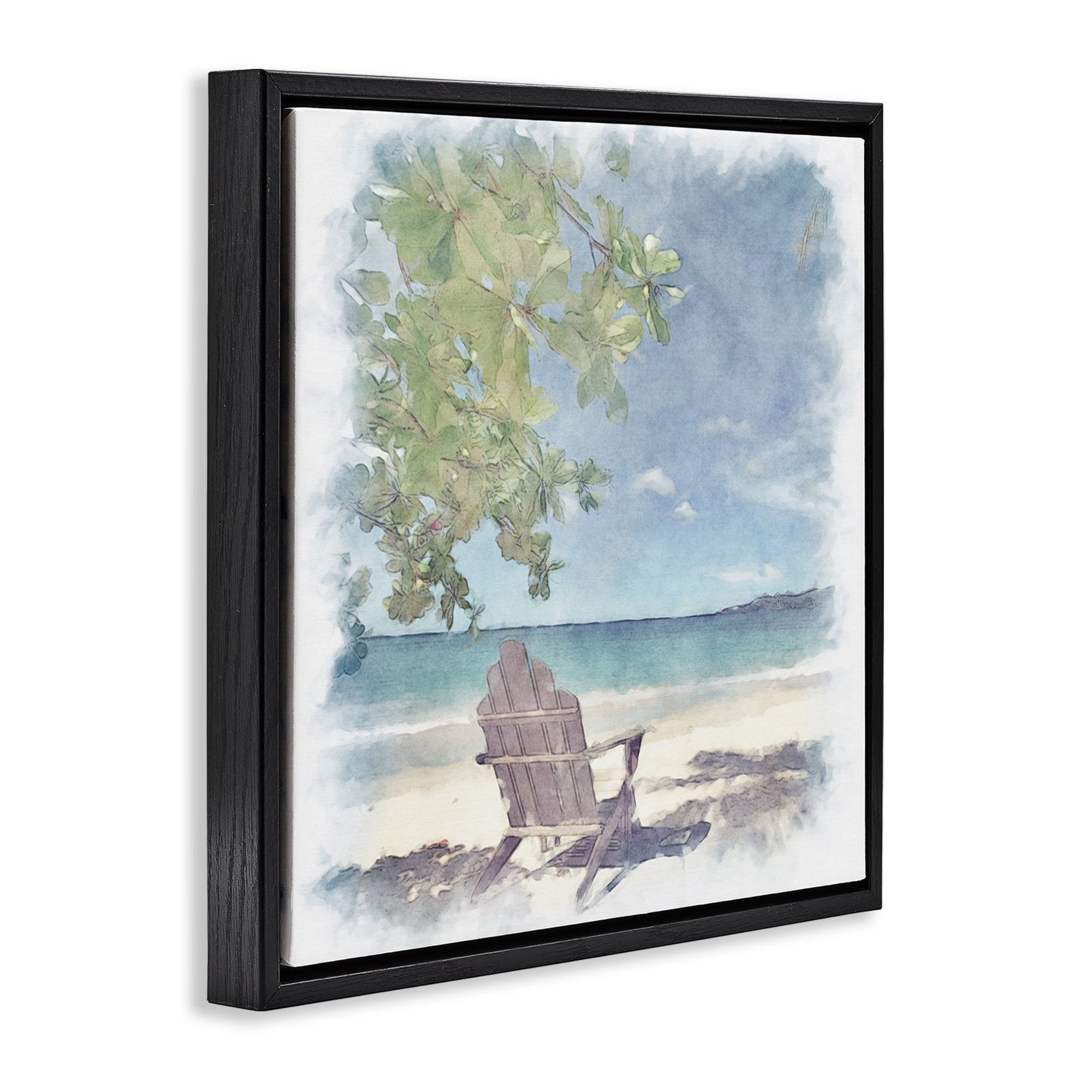 Stupell Industries Lone Chair Beach Shore Landscape & Nature Painting Black Floater Framed Canvas Art Print Wall Art, 25 x 25