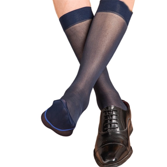 Mens Fashion Sheer Over the Calf Long Socks Stretchy Breathable See Through Striped Dress Suit Socks for Business Wear