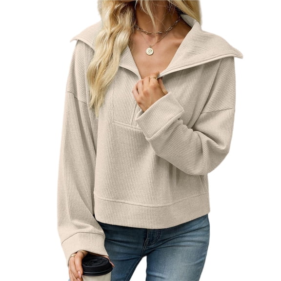 Wevis Half Zip Cropped Knit Autumn Sweatshirt for Women, Wide Collar Long Sleeve Pullover, Casual Loose Fit Cropped Tops