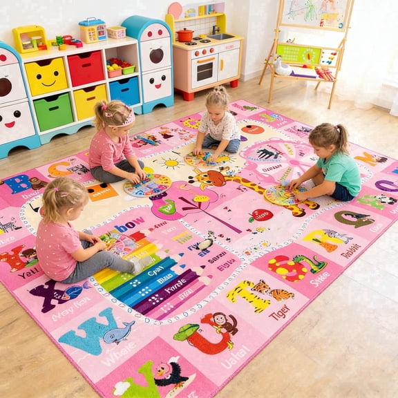 Washable Kids Play Rug ABC Alphabet Animals Educational Area Rug, Children’s Learning Floor Mat for Playroom Bedroom Nursery Classroom, 3x5 Ft