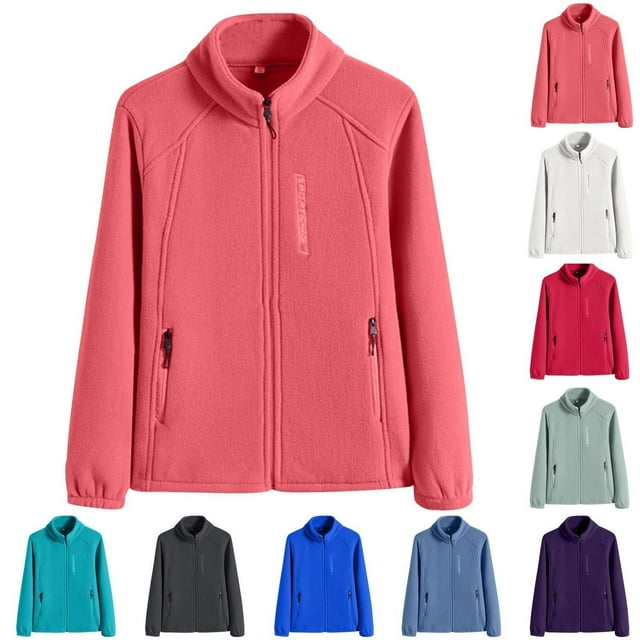 Yuyuzo Womens Fleece Jacket Zip up Lightweight Coats Fall Stand Collar Solid Color Soft Comfy Jackets with Pockets