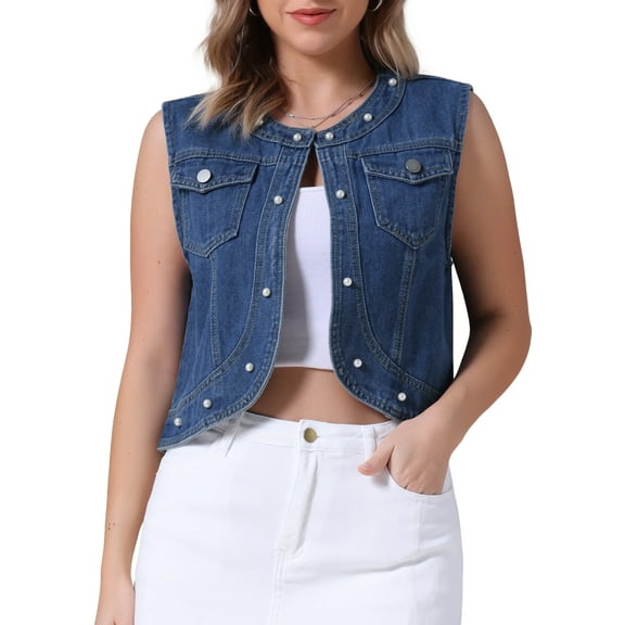 DARING DIVA Women's Sleeveless Denim Vest with Pearl Embellishments S Blue