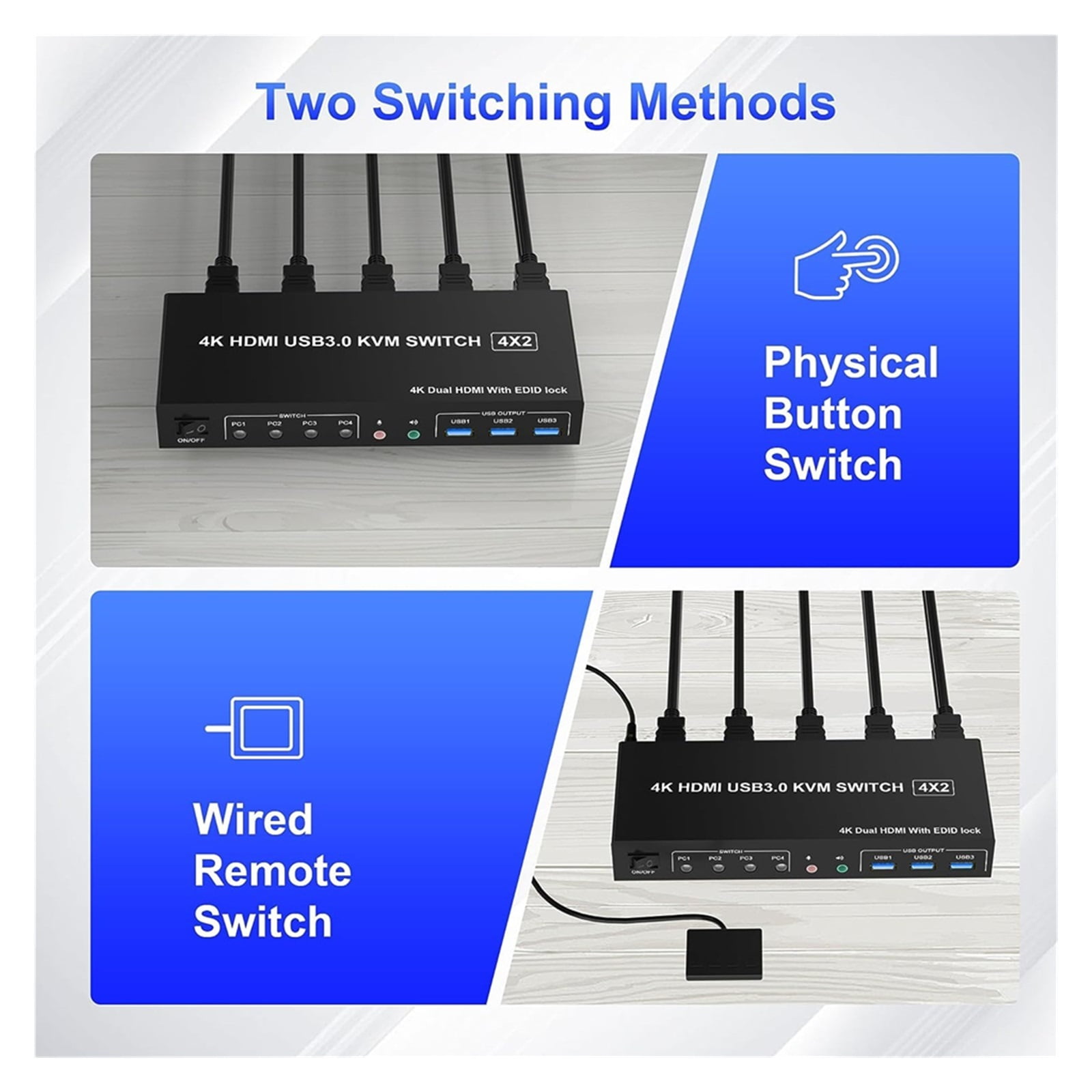 4 Port USB 3.0 KVM Switch 4X2 Dual Monitor 4K@60Hz Extended Display DP KVM Switch 4 In 2 Out For 4 PC Share Keyboard Mouse