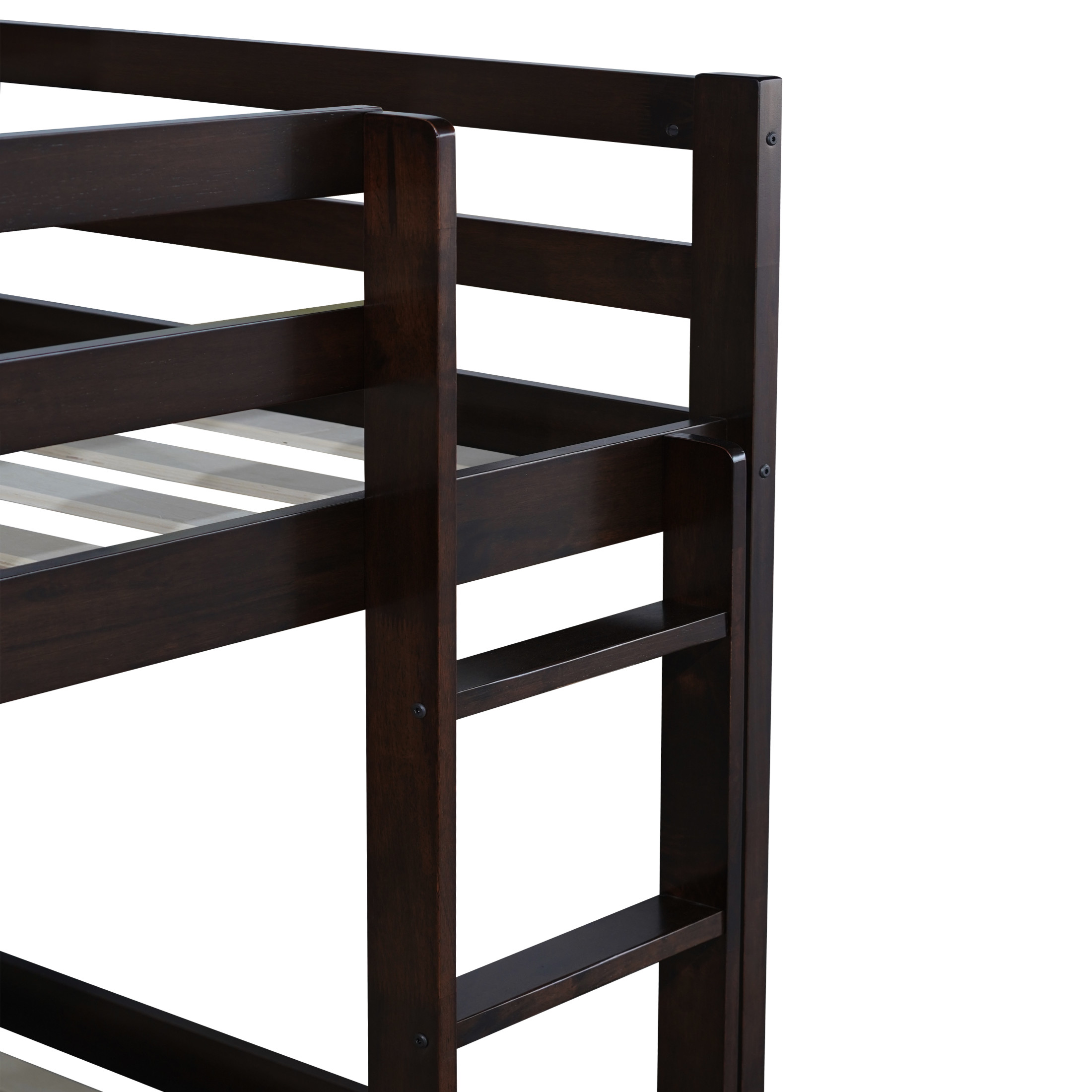 Noble House Alina Twin Over Twin Floor Bunk Bed with Ladder, Solid Rubber Wood Frame with Strengthened Slats, Espresso