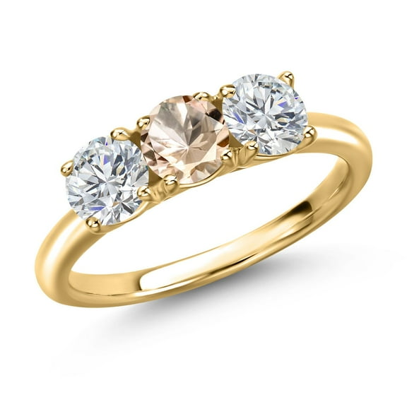 Gem Stone King 18K Yellow Gold Plated Silver Peach Morganite and Lab Grown Diamond Engagement Ring for Women | 1.40 Cttw | Round 5MM | Gemstone October Birthstone | Size 9