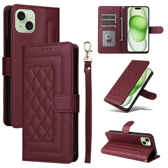 Compatible with iPhone 15 Plus Case, Premium Leather iPhone 15 Plus Wallet Book Case Magnetic Flip RFID Blocking Credit Card Holder Kickstand with Wrist Strap Shock Absorbing Case, Winered