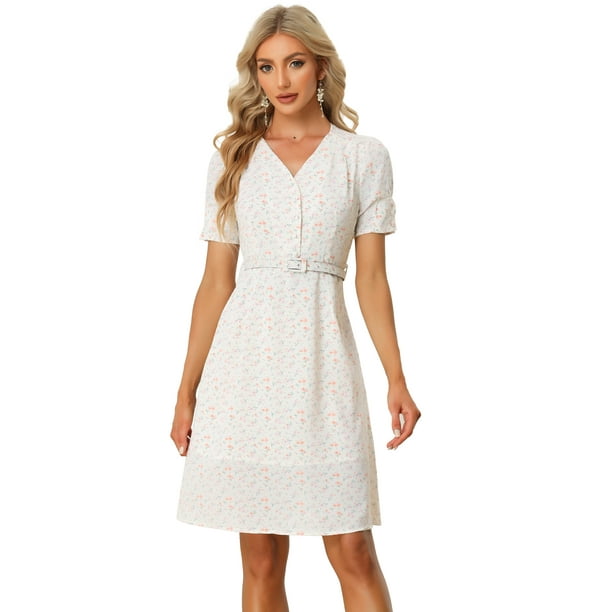2023 Primavera Verano vestido floral para mujer manga corta escote en V cinturón hasta la rodilla vestido blanco XL
