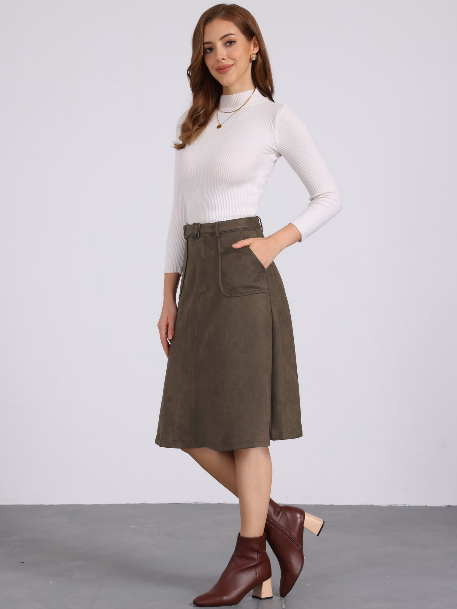 DARING DIVA Women's Faux Suede Pockets Stretch A-line Midi Skirt with Belt XS Coffee