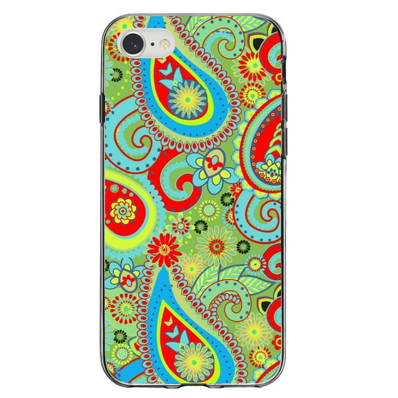 DistinctInk Clear Shockproof Hybrid Case for iPhone 7 8 SE (2020 Model) 4.7" Screen TPU Bumper Acrylic Back Tempered Glass Screen Protector - Green Red Blue Paisley