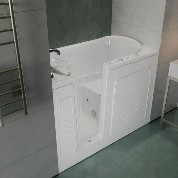 Meditub Collection 30 in. L x 52 in. W Left Side Drain Combination Jetted Bathtub in White with Powered Fast Drain