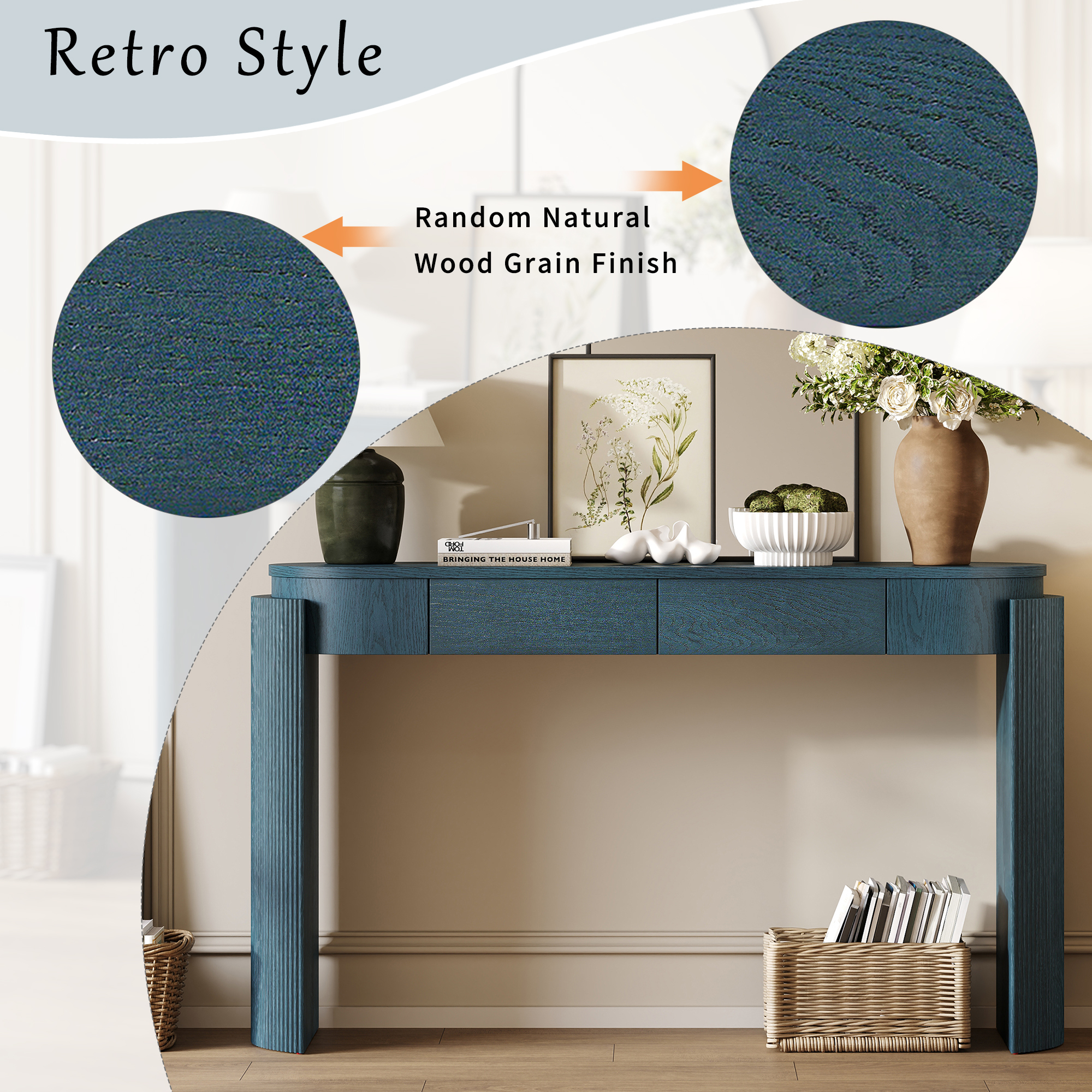 EUROCO 55" Entryway Table with Oval Top and 2 Drawers,Wood Console Table Sofa Table with Fluted Design for Living Room,Navy