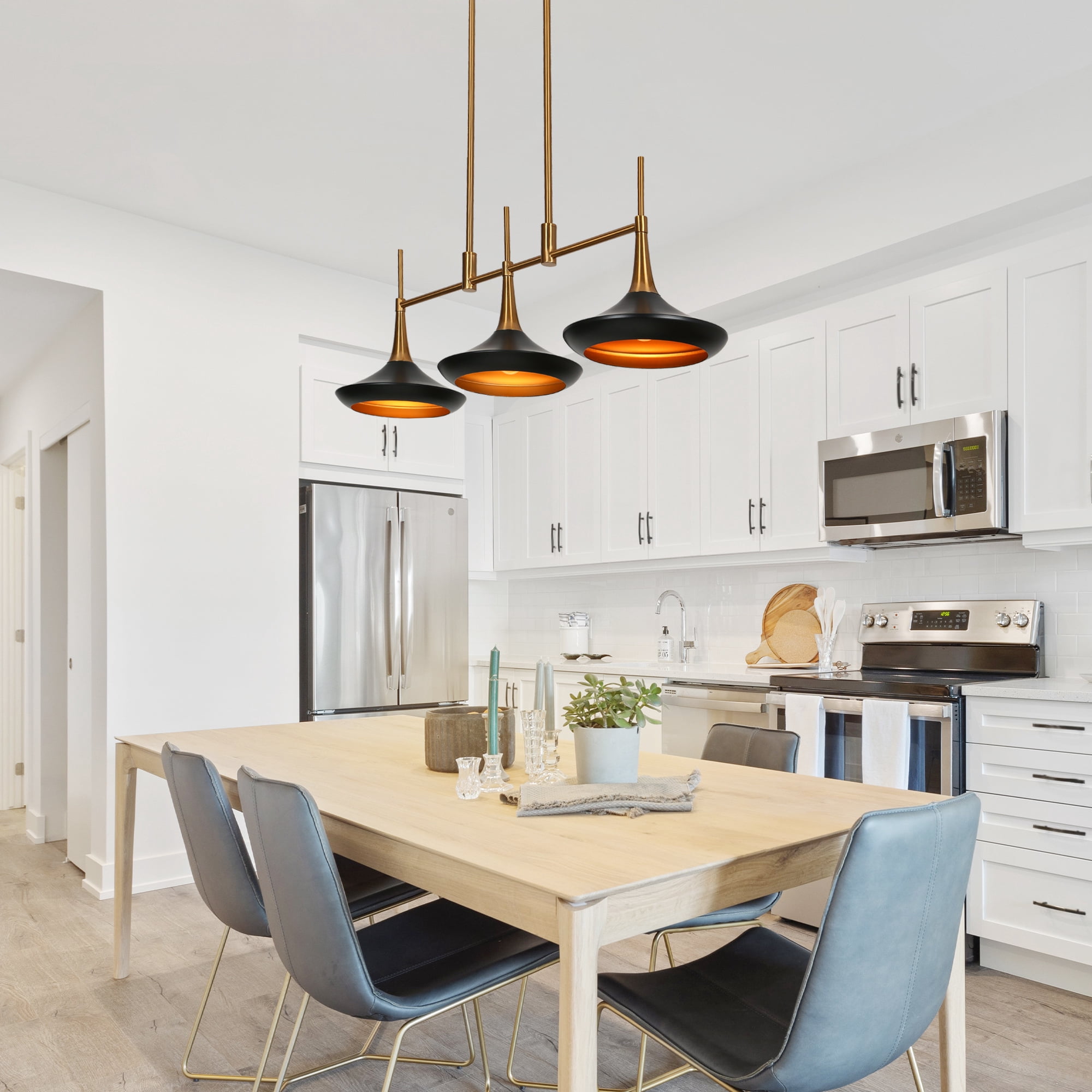 LNC 3-Light Black and Gold Linear Pendant for Kitchen Island or Dining Room