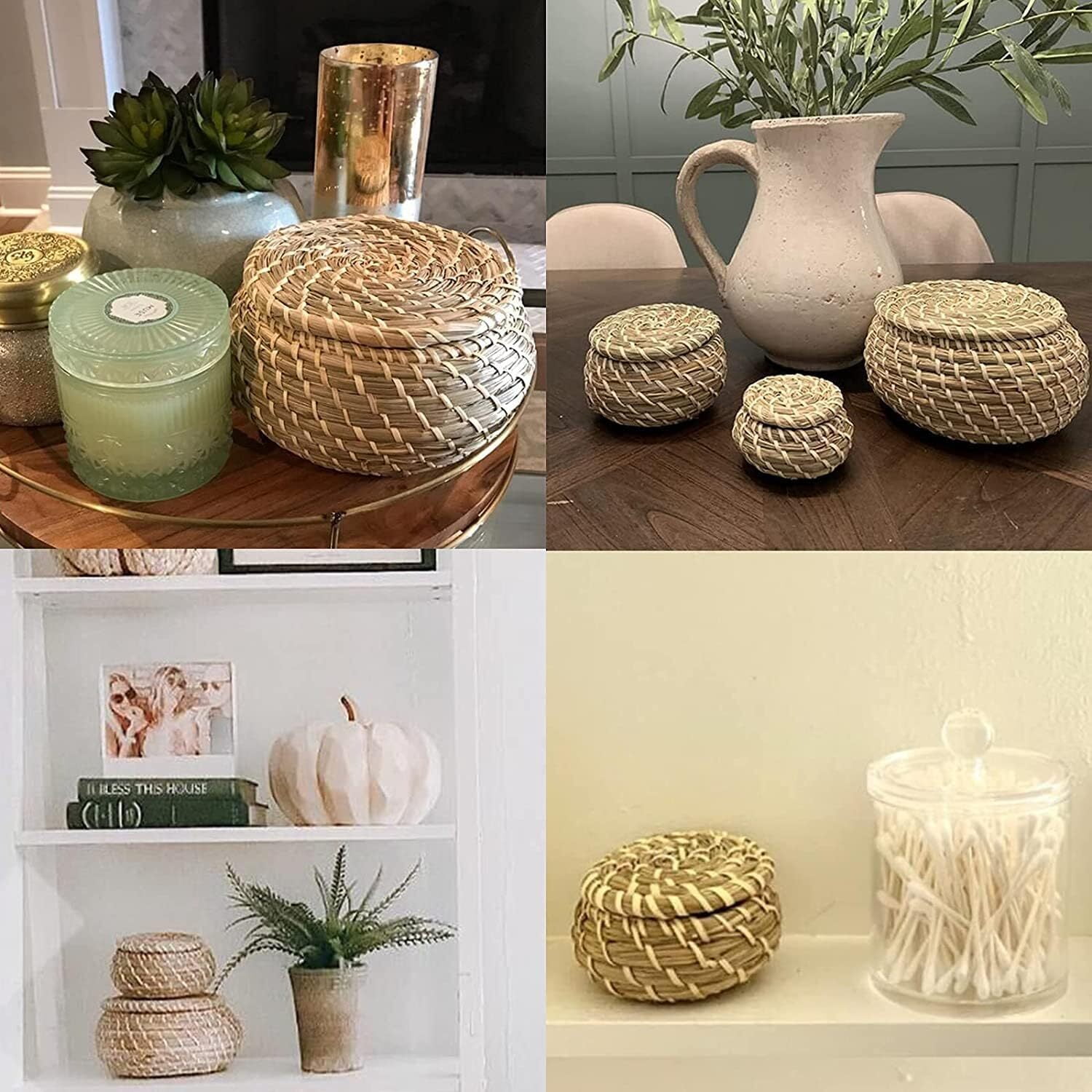 LQQBOX Set of 3 Small Wicker Basket with Lid, Round Woven Seagrass Baskets, Little Handmade Rattan Storage Basket Box for Shelf, Home, Bathroom Decor