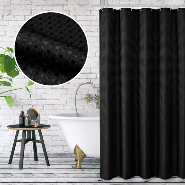 Black Shower Curtain Waffle Weave Textured Fabric Shower Curtains for