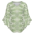 thumbnail image 5 of Sage Green Patterned Textile Women's V-Neck Blouse With 3/4 Ruffled Bell Sleeves Casual Top Ladies Blouses, 5 of 7