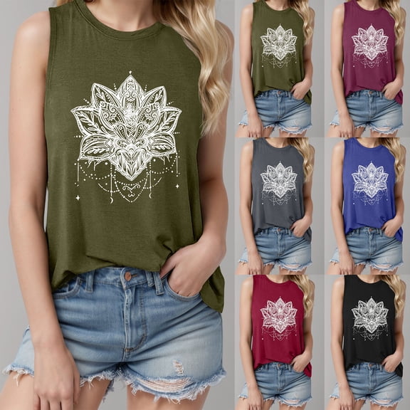 Trendfront Womens Mandala Flower Graphic Tank Top Crew Neck Sleeveless Top Floral Print Summer Tee Pullover Casual Daily T Shirts