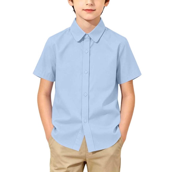 TKKCS Boys Cotton Short Sleeve Button Down Shirt- Summer Daily Wear School Uniform Breathable Turndown Collar Shirts Blue Size 9-10Y