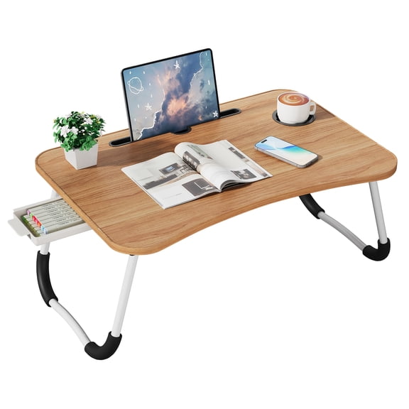 Foldable Laptop Lap Desk - Portable Bed/Dining Tray with Cup Holder & Drawer, Suitable for Sofa, Floor, Writing, Eating & Working
