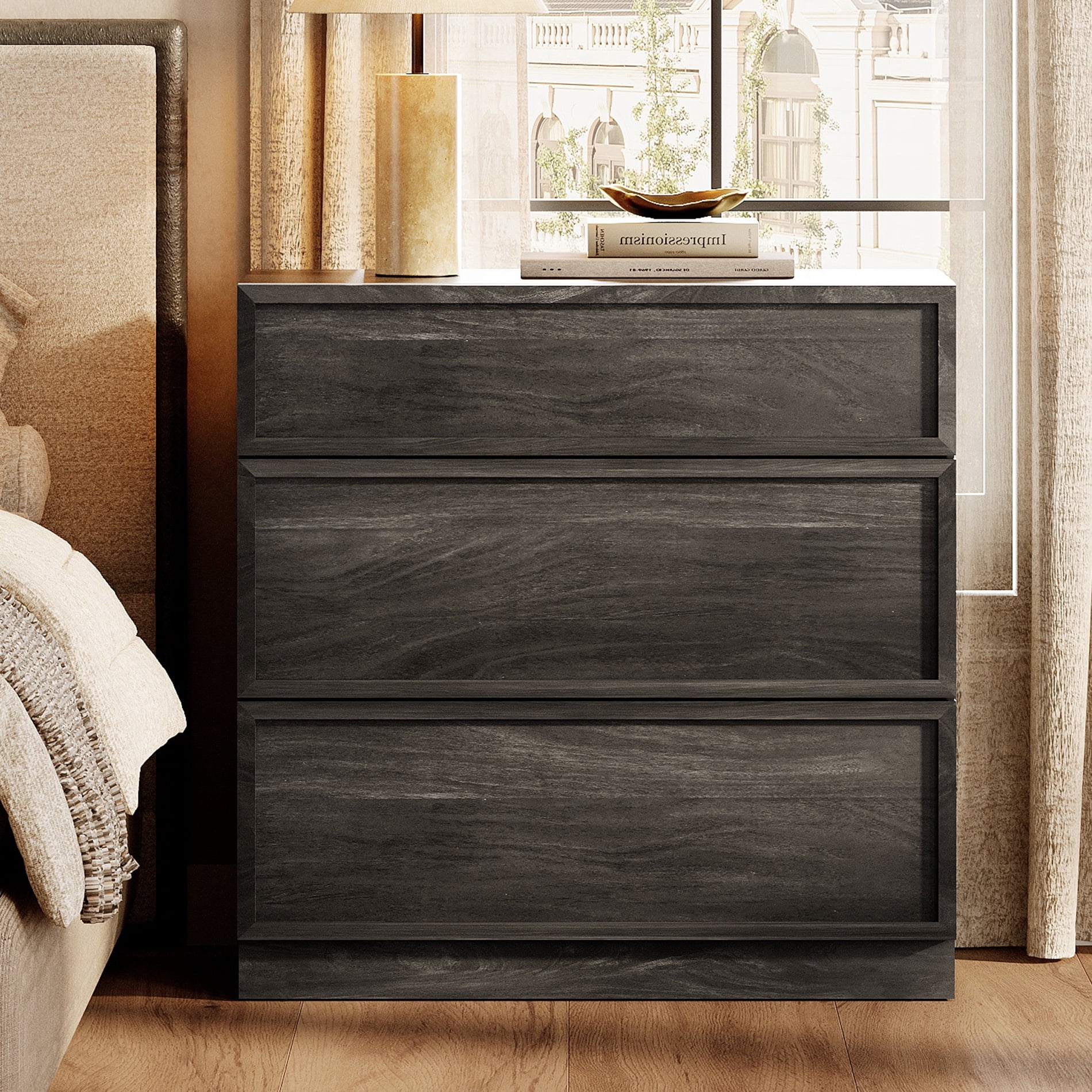 Nightstand with 3 Drawers, Modern Tall End Table with Large Storage for Living Room, Bedroom Wooden Side Table and Closet Organizer
