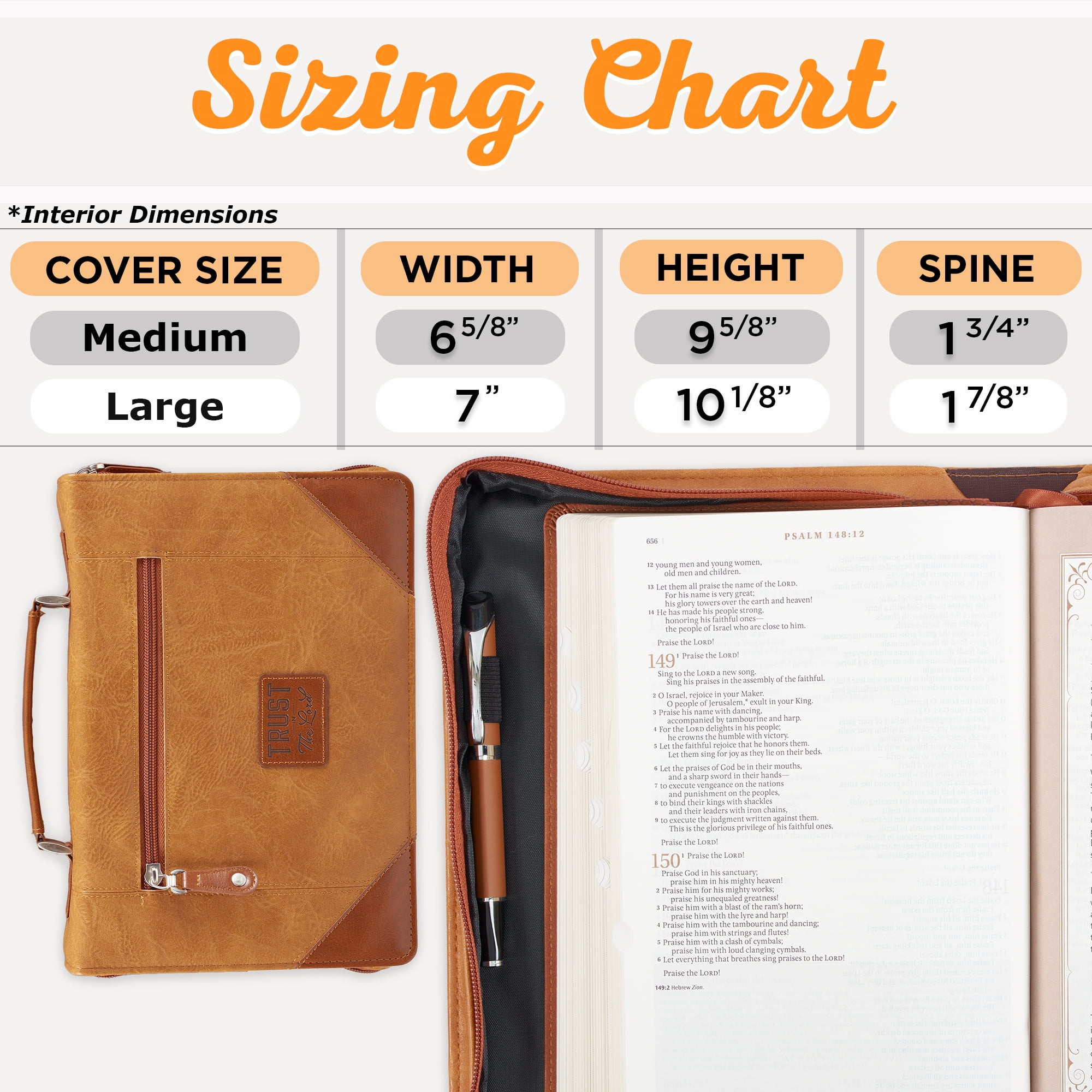 Christian Art Gifts Classic Vegan Leather Bible Cover for Men & Women: Trust in the Lord Inspirational Scripture, Easy Carry Book Case, Pen Loops, Pockets, Stationery Storage, Light Brown, Large