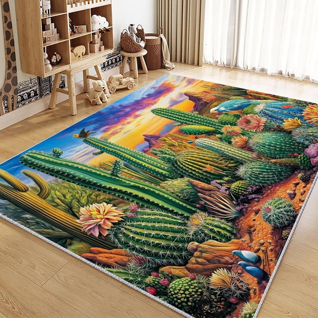 Area Rug for Living Room 2x3 ft Desert Cactus Flower Machine Washable Non-Slip Rugs, Soft Accent Rugs, Lightweight Carpet, Foldable Easy Care, Stylish Indoor Area Rug
