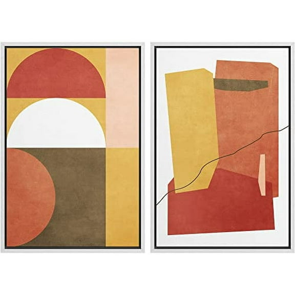 IDEA4WALL Framed Canvas Print Wall Art Multicolor Mid-Century Semi-Circle Polygon Collage Abstract Shapes Modern Boho Chic for Living Room, Bedroom, Office - 24"x36"x2 White