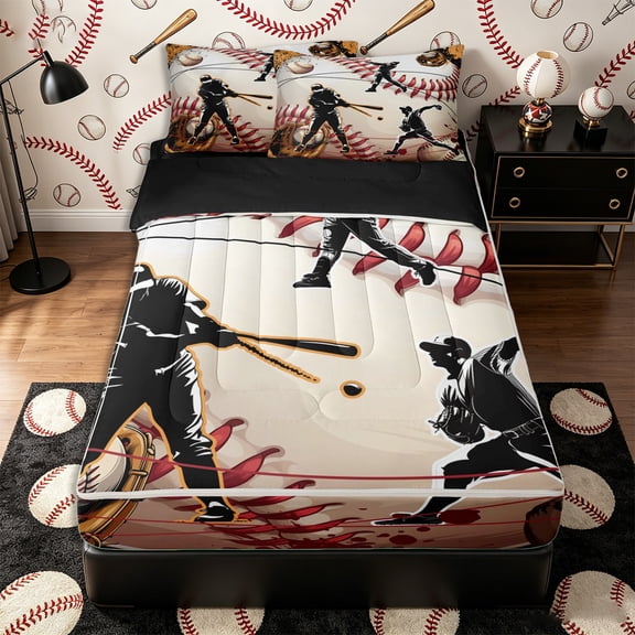 Castle Fairy Sport Baseball Zipper Twin Comforter Sets with Fitted Sheet and 2 Pillowcases, Ball Gamer Zipper Bedding Set, Black White,4-Piece,Black Reversible