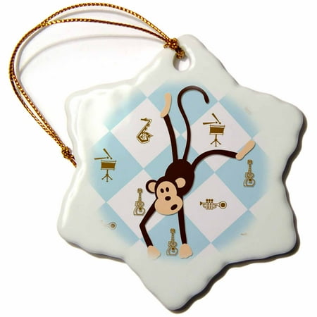 3dRose Dancing Monkey. Blue. Musical Instruments. Kids Décor. Cool print, Snowflake Ornament, Porcelain, 3-inch