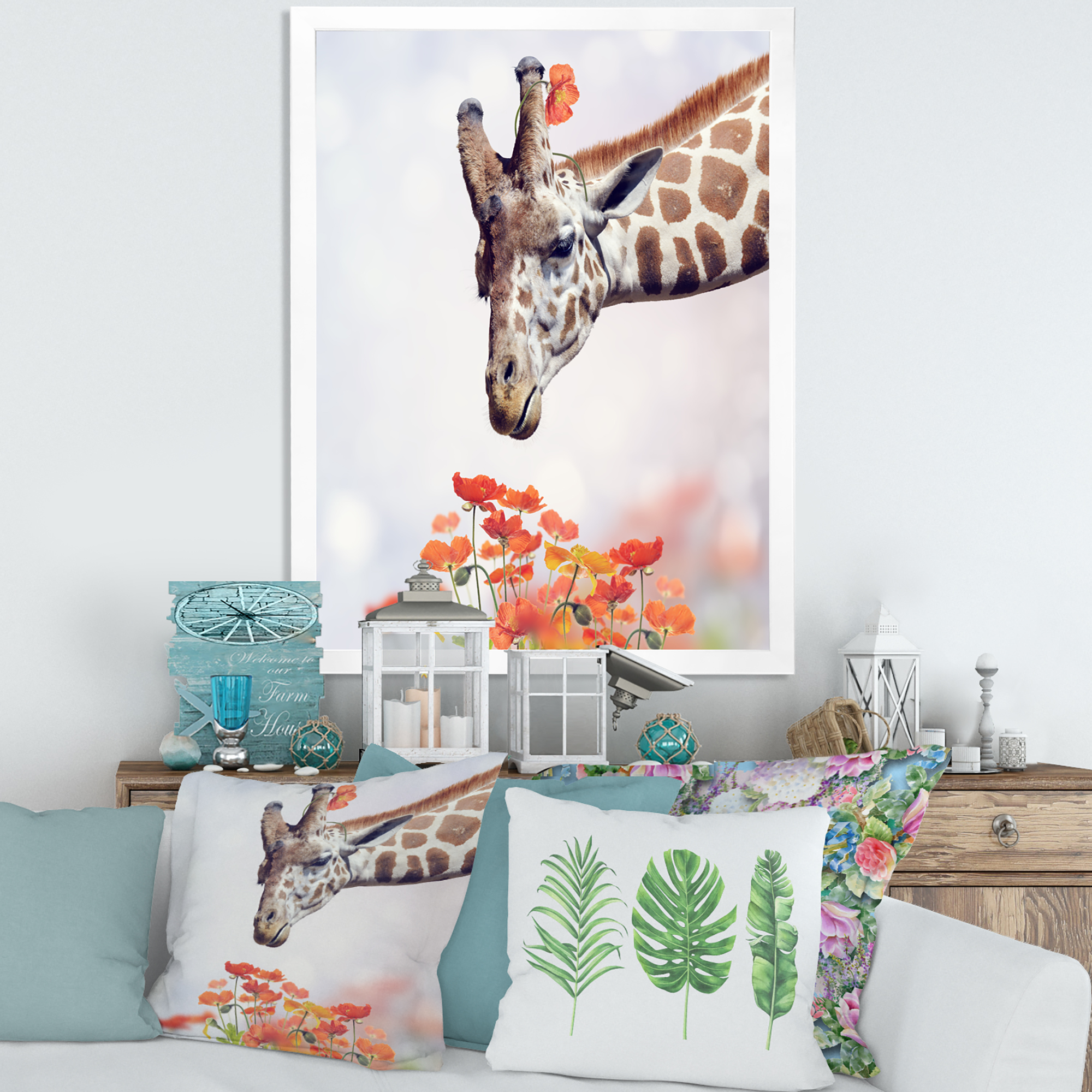 Designart 'Portrait of A Giraffe With Orange Flowers' Farmhouse Framed Art Print