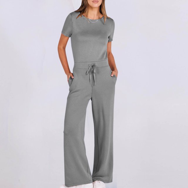 BEFOKA Pantalons Grande Taille pour Femmes, Pantalons d'Été en Solde pour Femmes, Combinaisons Décontractées Unies à Col Rond avec Poches et Manches Courtes