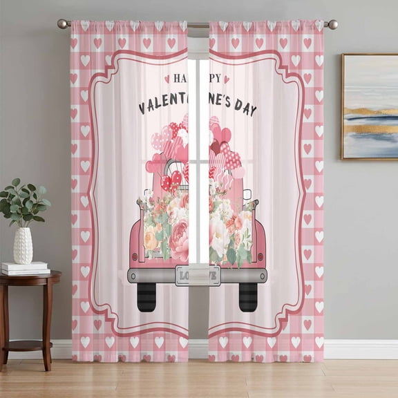 Pink Valentine's Day Sheer Curtains 72 Inch Length 2 Panels Set, Love Heart Roses Romantic Floral Voile Window Treatment Rod Pocket Curtains Sheers Drapes for Bedroom/Living Room/Kitchen 52"x72"x2