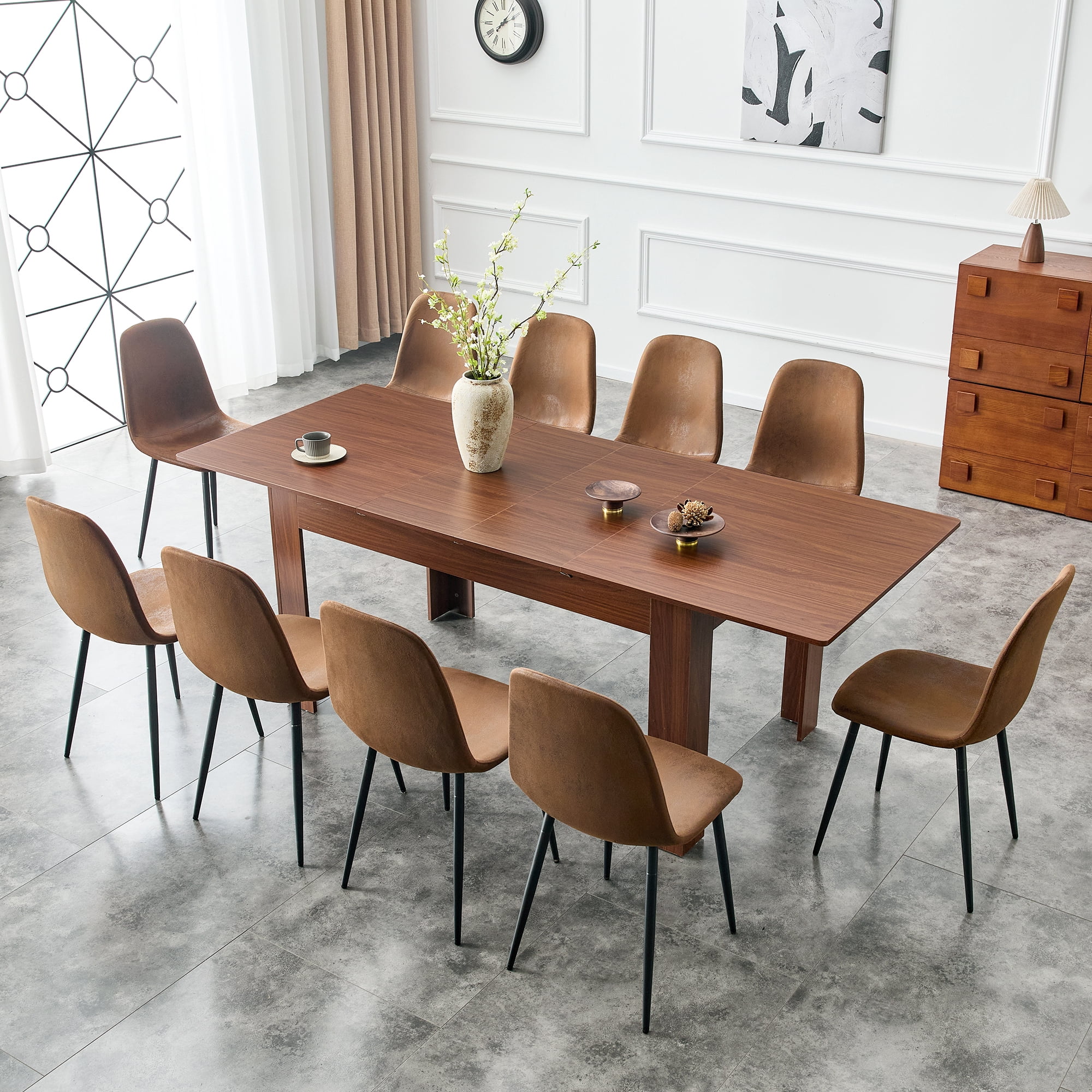 Shikeyi 59"-86" Extendable Dining Table for 6-10 People, Modern Rectangular Walnut MDF Kitchen Extendable Table with Adjustable Length, Space-Saving Walnut Finish Dinner Table, for Small Dining Room