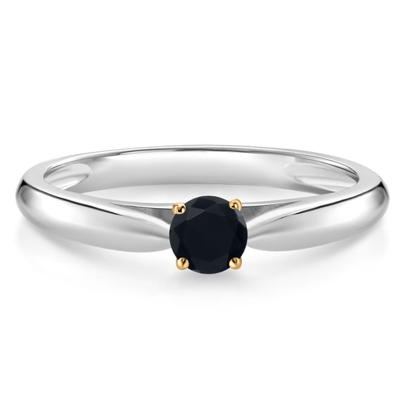 Gem Stone King 0.13 Ct Round Black Onyx 10K White and Yellow Gold Solitaire Engagement Ring (Size 9)
