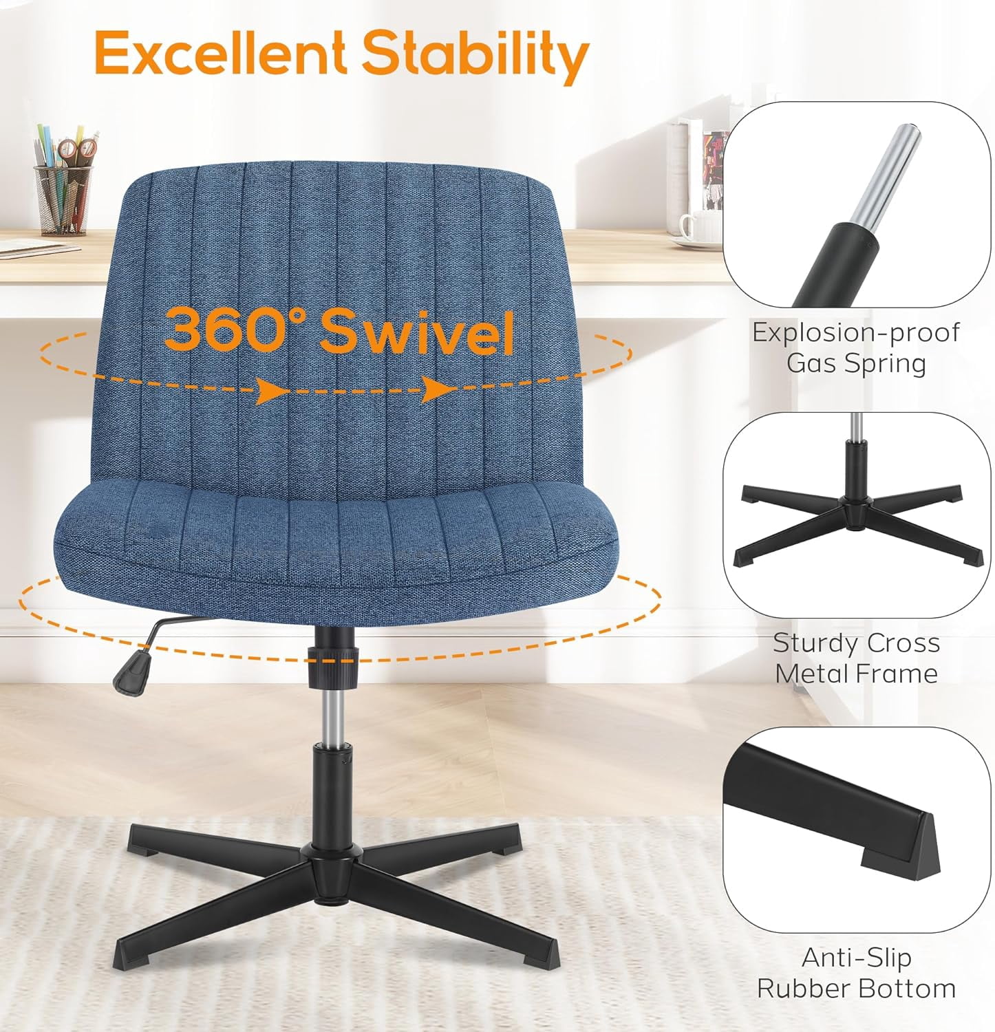 Criss Cross Chair, Cross Legged Office Chair, Wide Comfty Desk Chair, No Wheels Armless Computer Task Chair, Swivel Fabric Vanity Home Chair, Height Adjustable