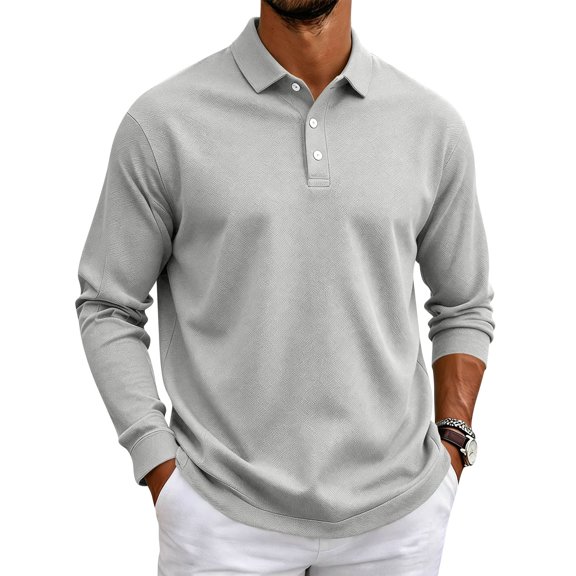 FGVCTG Men's Golf Polo Shirts Casual Long Sleeve Lightweight Pullover Top Soft Breathable Golf T-Shirt for Daily Wear Light Gray M
