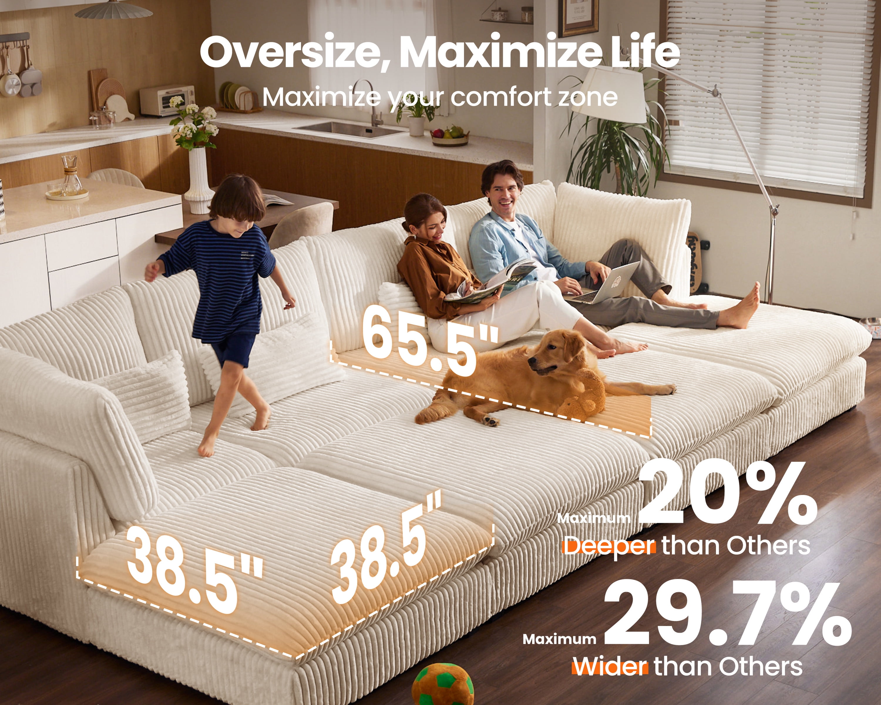 CHIC HOUSE Oversized Modular Sofa,Extra Deep Cloud Corduroy Sectional Couch with Ottoman Chaise,FSC Certified Fluffy Chenille 6 Seater Sofa Bed for Living Room,Villa