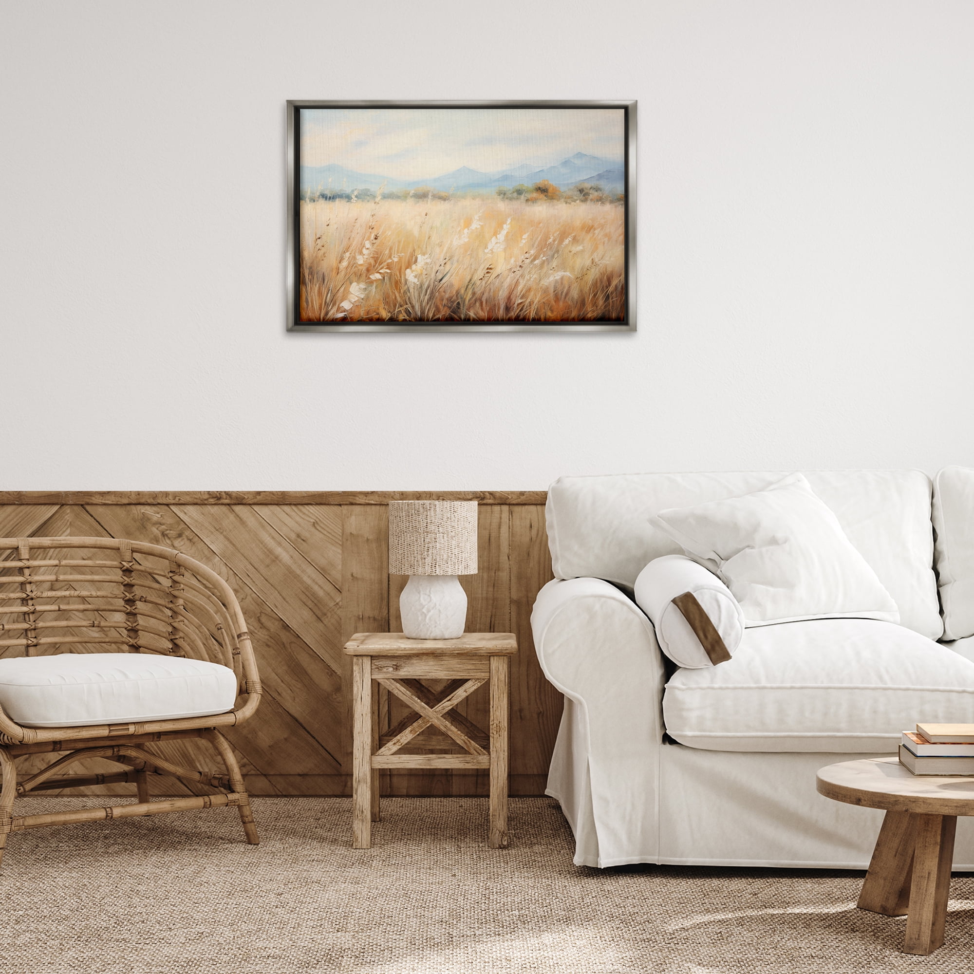 Stupell Industries Wheat Field Landscape Landscape & Nature Painting Gray Floater Framed Canvas Art Print Wall Art, 31 x 21