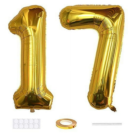 Xihuimay Number 17 Balloons 40 inch Digital Balloon Alphabet 17 Birthday Balloons Digit 17 Helium Balloons Big Balloons for Birthday Party Supplies Wedding Bachelorette Bridal Shower, Gold Number 17