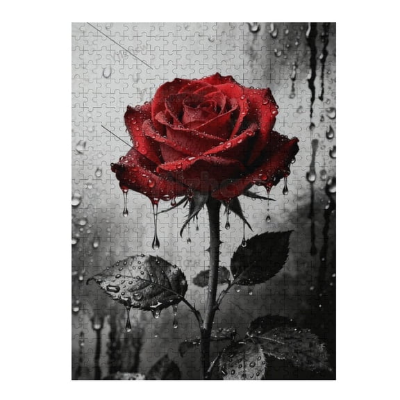 Red Rose with Water Drops Wooden Jigsaw Puzzle 500 Piece Puzzle for Adults Challenging Relaxing Leisure Decorative Brain Activity Home Decor